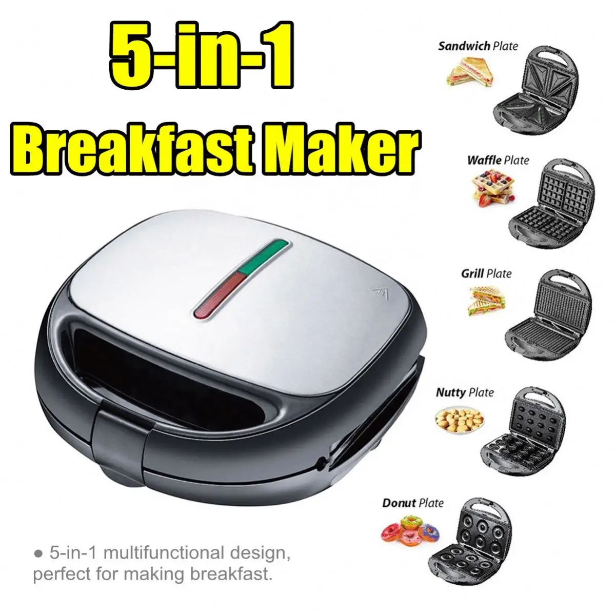  5 in 1 Functional Sandwich Maker Die-casting Aluminum Detachable 2 Slice Automatic Flat