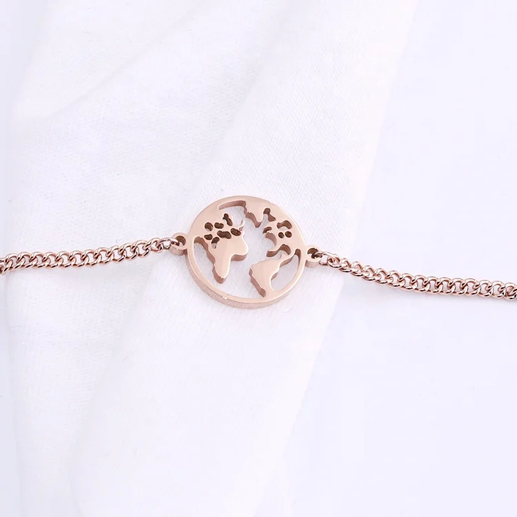 Custom wholesale fashion jewelry hollow world map design stainless steel rose gold plated adjustable chain bracelet for women