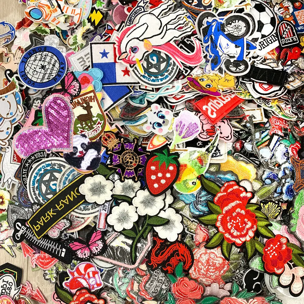 50PCS Random Lot Letter Mixed Animal Iron on Embroidered Patches Assorted Style Heat Press Clothes Badge DIY Clothing Decoration