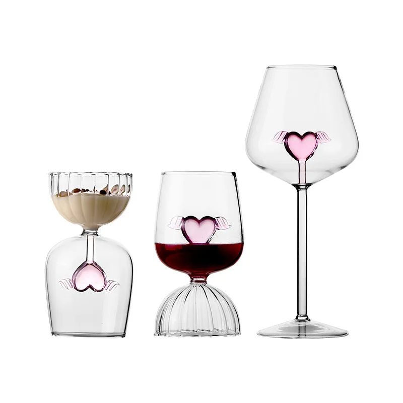 Wine Champagne Glasses  Ripple Pattern Short Stemmed Goblet Wine Glass Cup with Pink Heart Design Wings For Lovers Wedding Gift