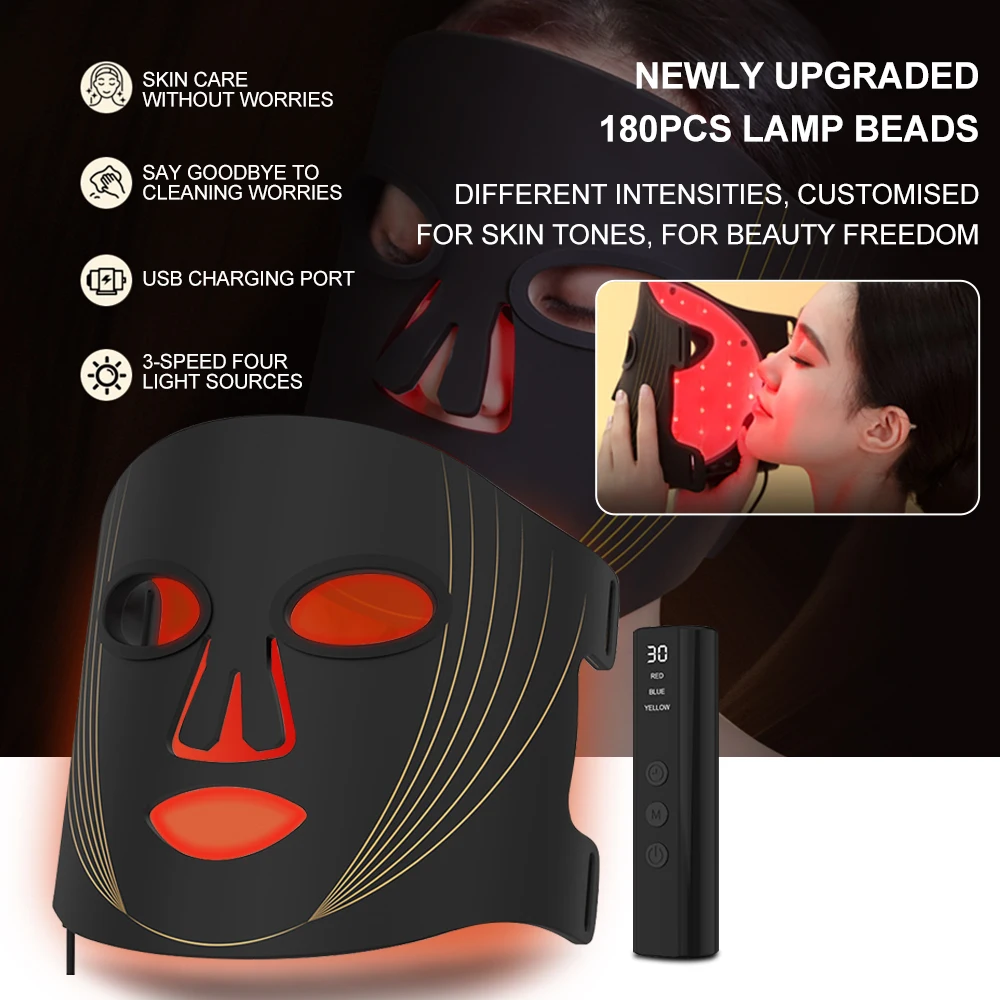3 Color LED Light Therapy Silicone Facial Mask Hand-held Red Blue Yellow Light Photon Beauty Skincare Anti-Aging Wrinkle