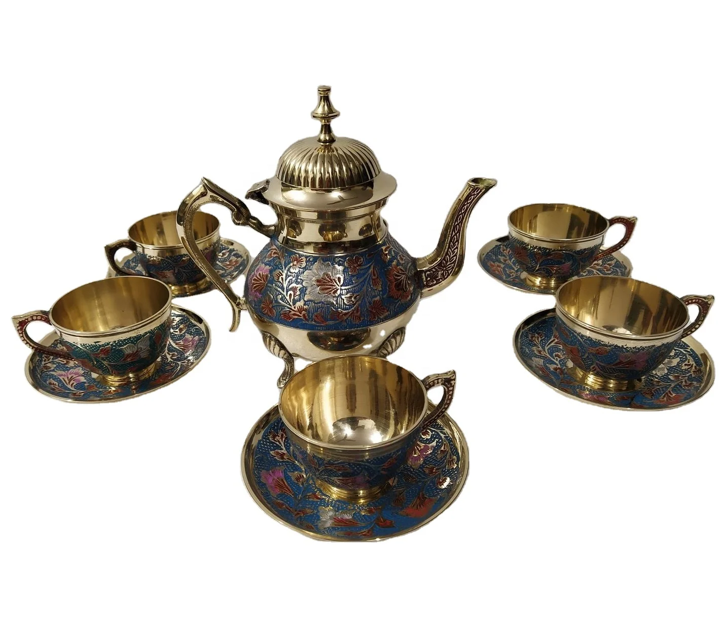 Brass Tea set with cup and saucers enameled and engraved