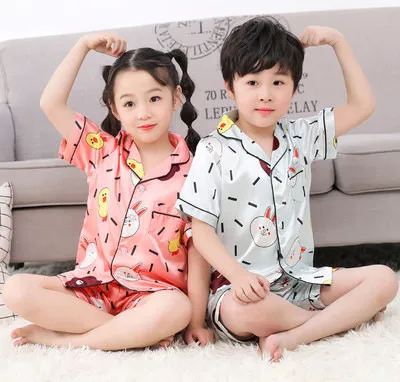 boys Satin Pajamas Set Kids Short Sleeve shorts Sleepwear For Summer one set 2pcs pajamas for children