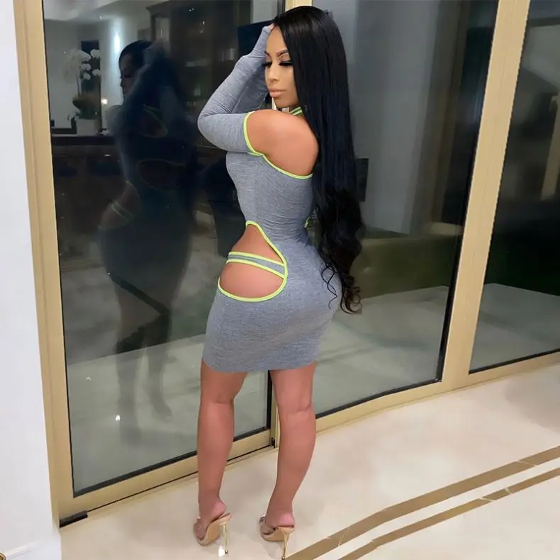 
A70D Autumn Sexy Women Dress Gray Comfortable Slim Hollow Skirt Personality Girl Fashion Streertwear Pa 