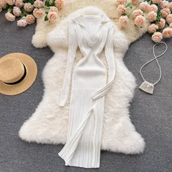 10 Colors Women Korean Knitted Dress Long Sleeve V Neck Elastic Slim Pencil Dresses 2021 Autumn Sexy Bodycon Split Sweater Dress