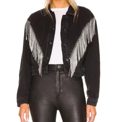 Bulk Wholesale Women Designer Jackets Rhinestone Fringe Tassel Formal Jean Jacket with Logo