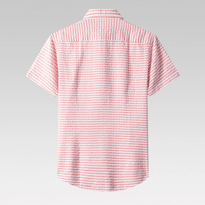 High Quality Summer Slim Youth breathable anti-wrinkle Square collar Business Casual Dark Red Striped short-sleeved shirt Men
