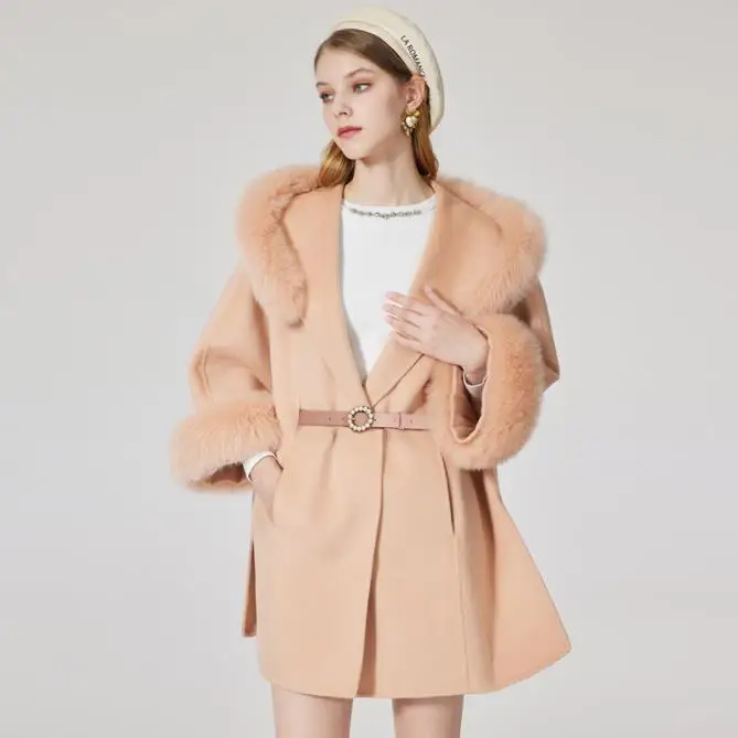 Custom Wool Fleece Oversize Belt Style Cashmere Wool Coat Detachable Fox Fur Collar Wool Coat Women Winter Women Coat with Fur