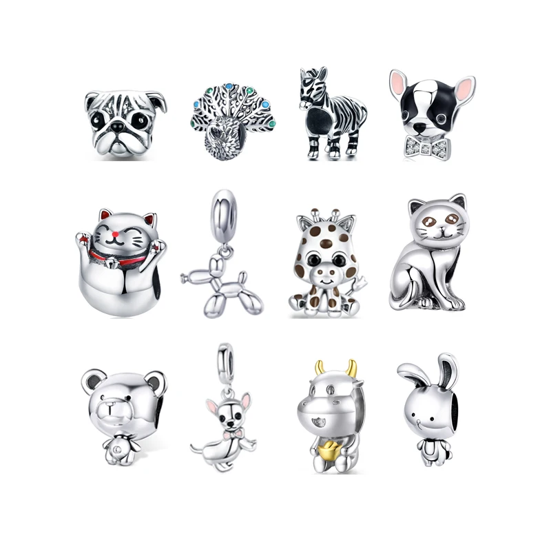 Qings  Chihuahua Animal Charm Beads, 925 Sterling Silver Shiny CZ Dog Enamel Pendant,  Bracelet Necklace for  Girls