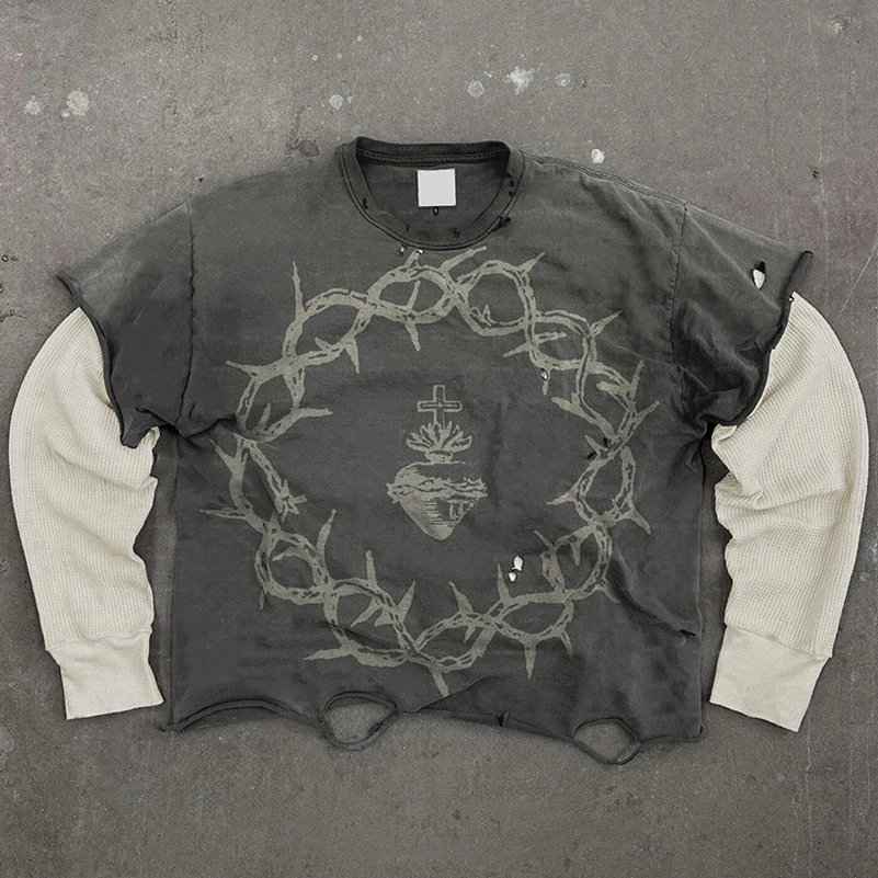 Custom Screen Print T-Shirt Cotton Ripped Distressed Stone Vintage Acid Wash Double Layer Long Sleeveless T Shirt For Men