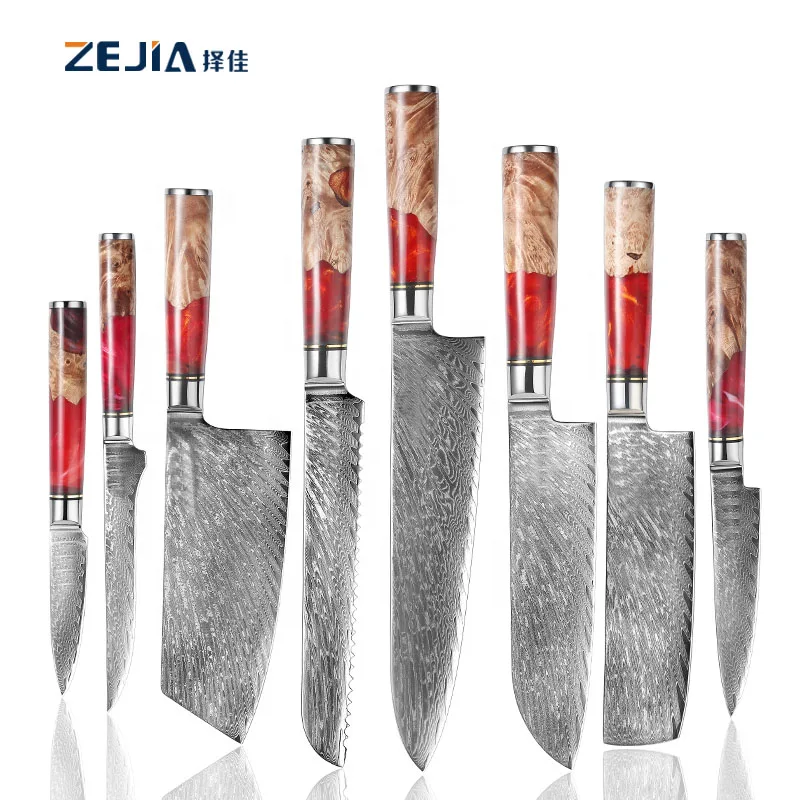 High Quality 9pcs VG10 Damascus Chefs Knife Stainless Steel Knives Kitchen Knife Set with red resin handle