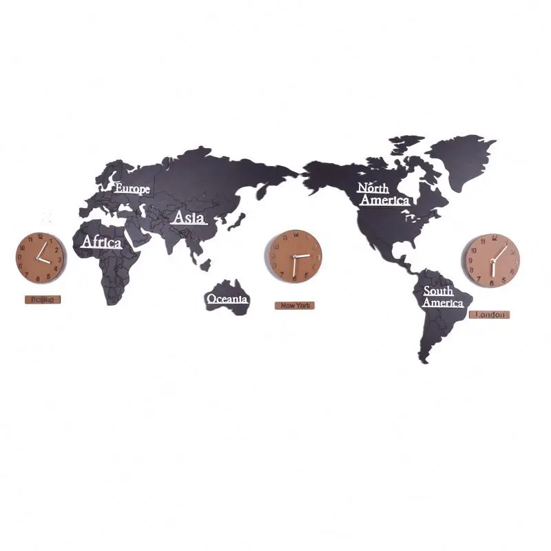 NEW World Map Creative On Wood With Clock The Wall