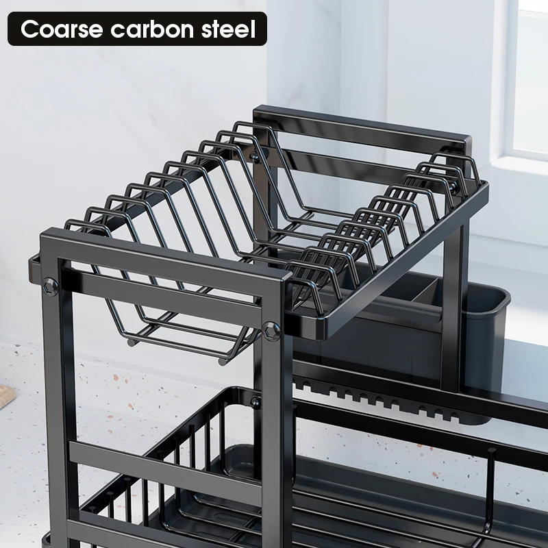 Double Layer Expandable Metal Wire Adjustable Custom Plate Bowl Dish Drying Rack Shelf over Sink with Draining Board Tray