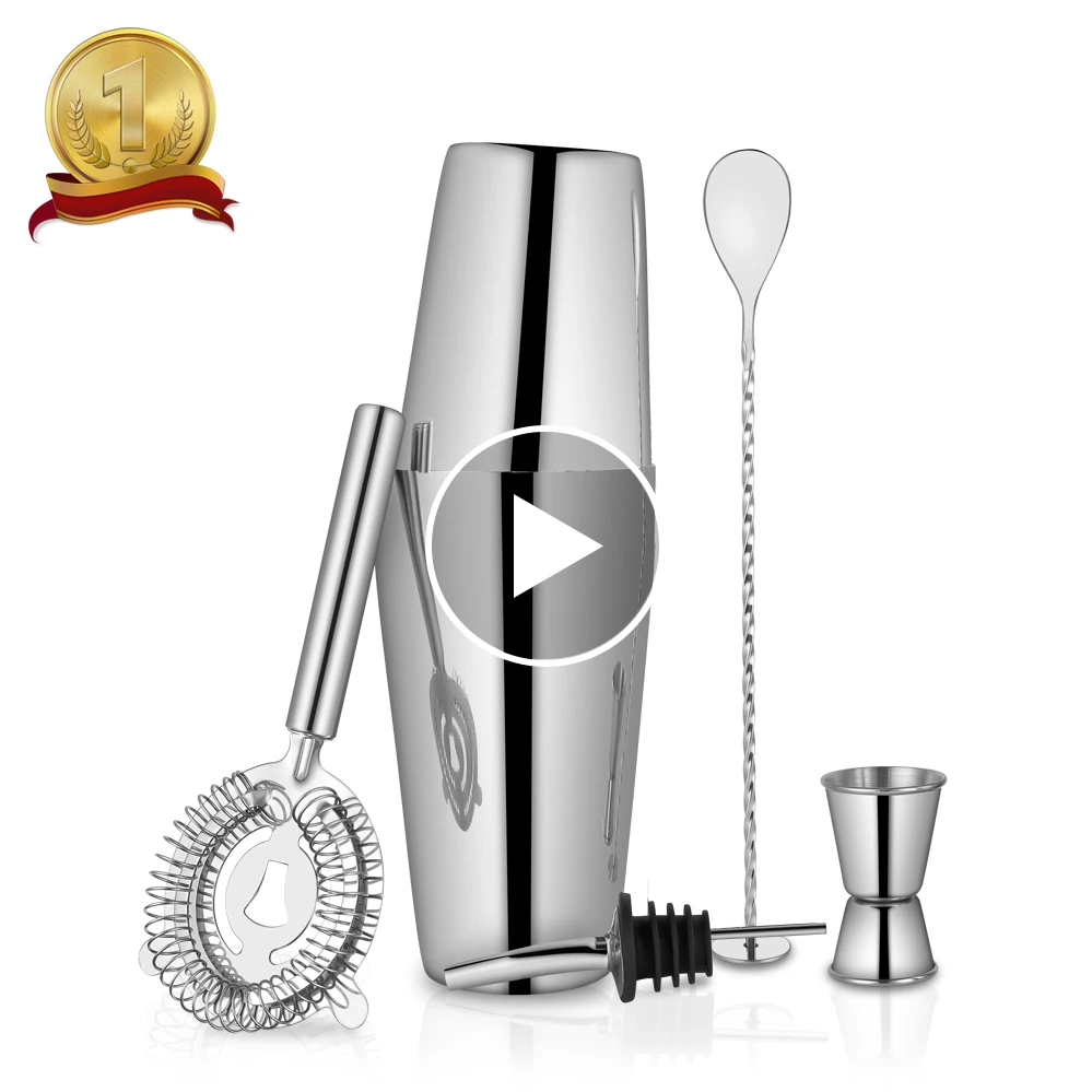 5 pcs Bar Tool Cocktail Boston Shaker Set Stainless Steel Martini Wine Bartending Kit with Jigger Strainer Spoon Pourer