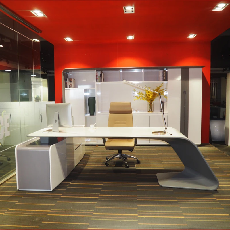 Deluxe white high gloss executive office furniture set Modern design E1 MDF board supplementary cabinet desk