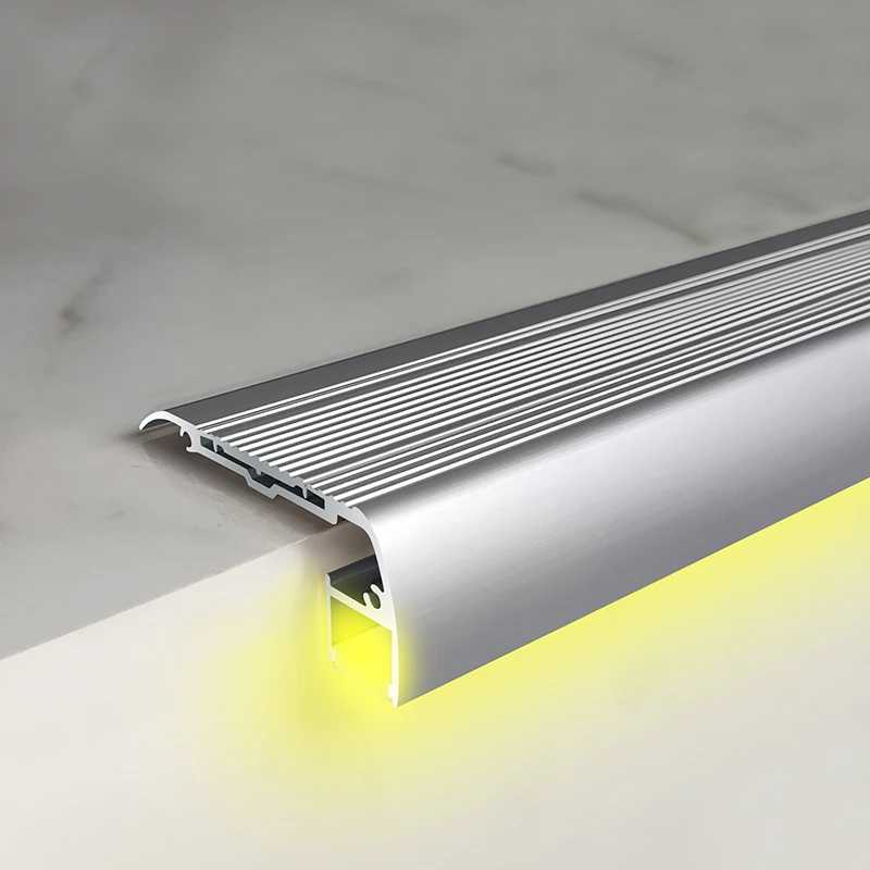 Led Tile Edging Aluminum Stair Nosing Outdoor Stair Nose Wood Grain Metal Non Slip Profile Aluminum Stairs Nosing With Led Track