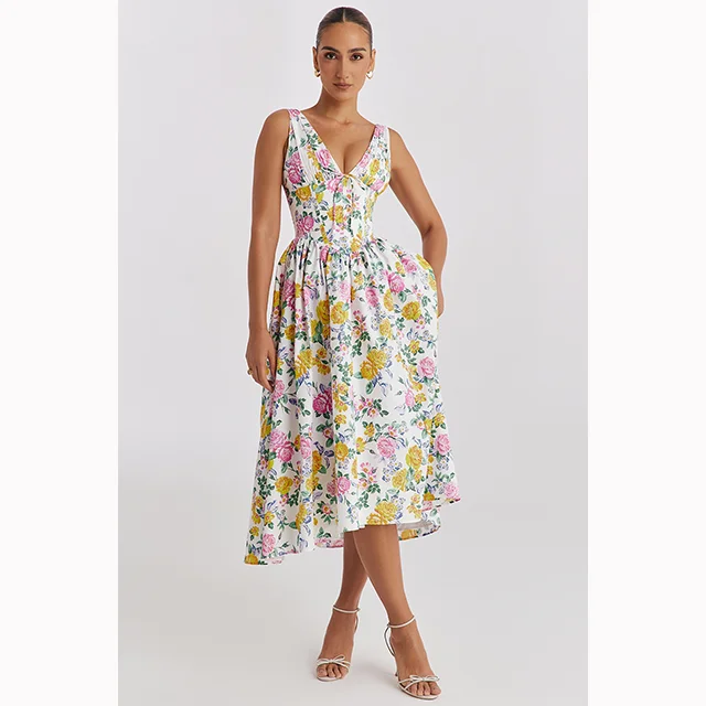 Bettergirl 2024 New Summer Custom Elegant Casual Cotton Midi Floral Dresses For Woman