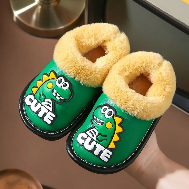 Children Cartoon Dinosaur Design Waterproof Cute Plush Shoes Slipper Comfort Children Indoor Home Kid Fur Slippers