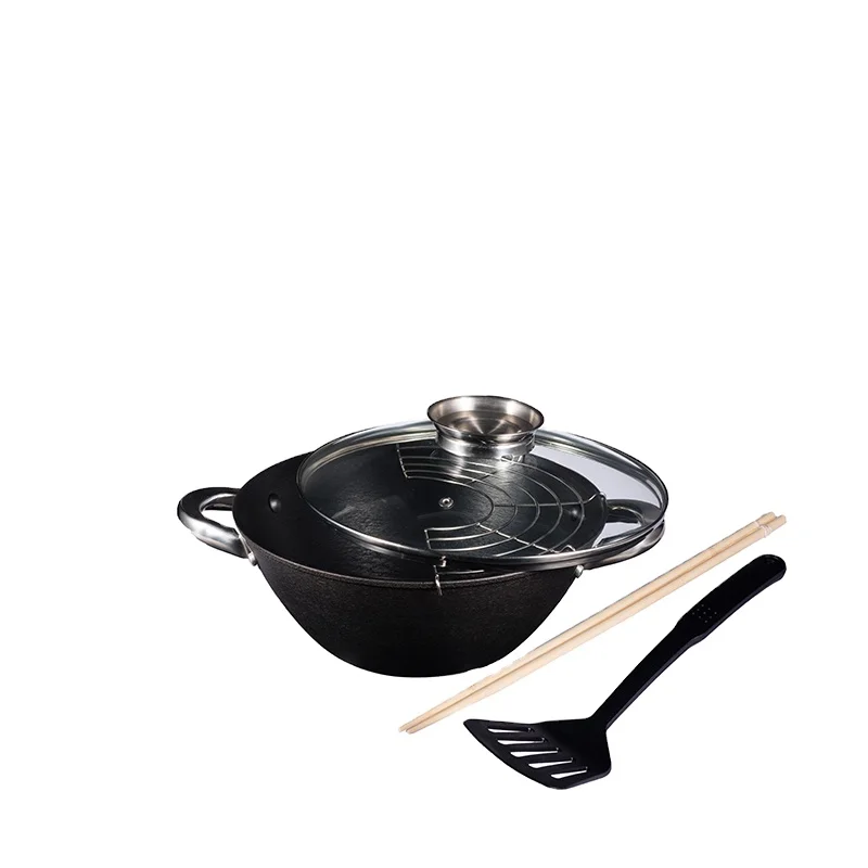 Non-stick Shallow Casserole Cast Iron Russia Wok With Glass Lid