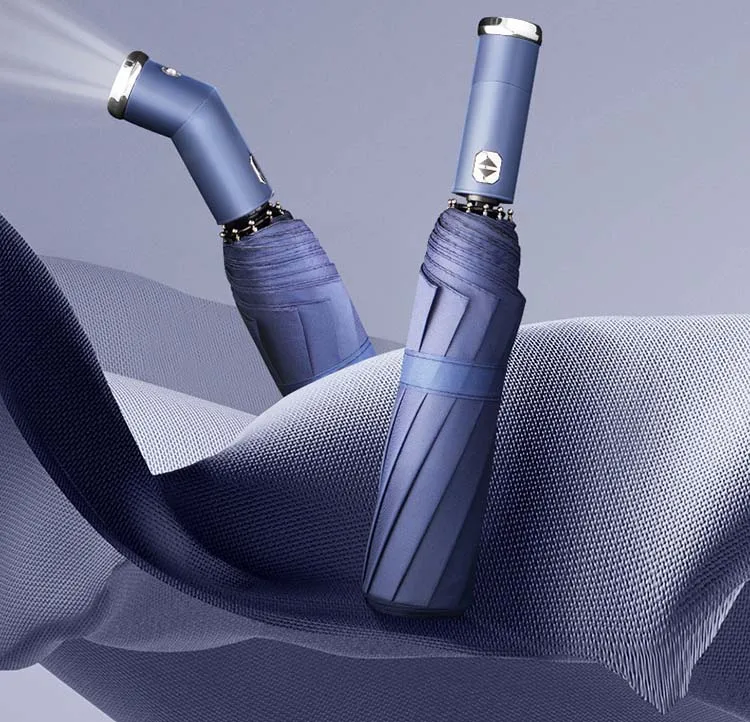 Factory Direct Sales 10 Bone Belt LED Light Vinyl Sunscreen UPF50+ Triple Folding Automatic Umbrella