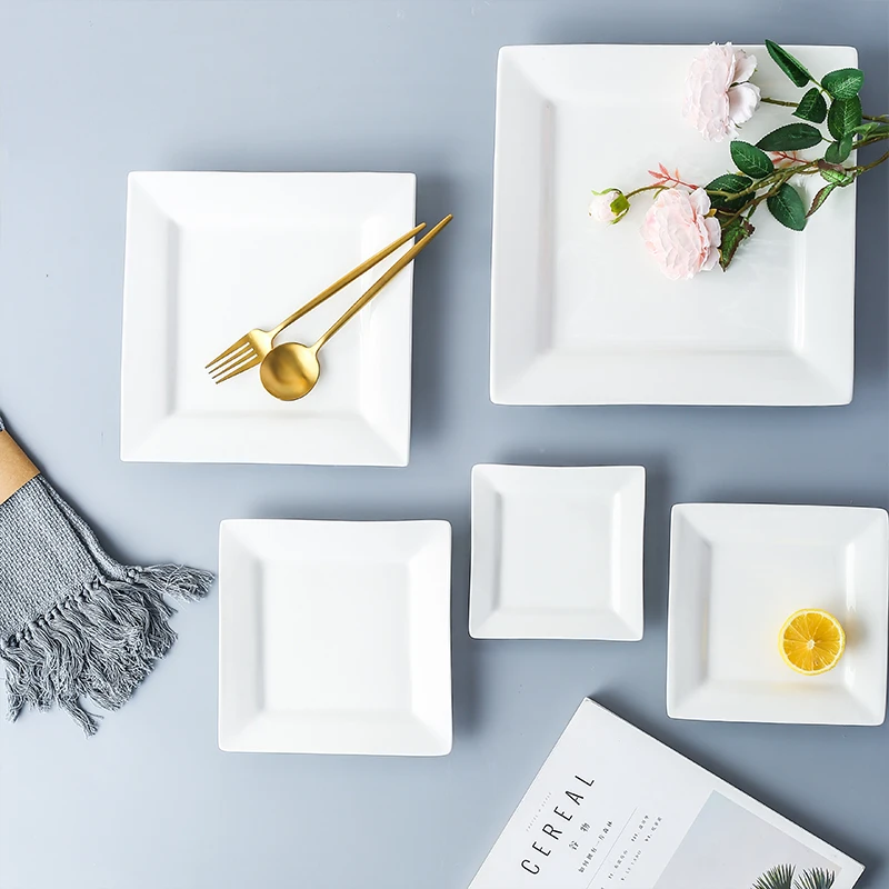 Pure White Ceramic Cuisine Square Pasta Tray Sushi Dinner Plate Household Bone China Tableware