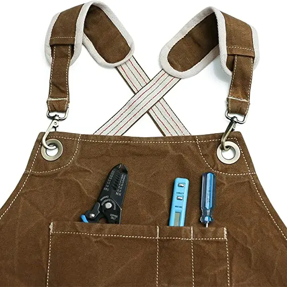 Custom logo  Cross Back Leather Strap Washed Cotton Canvas Tool Work Kitchen Cooking Baking Chef Apron
