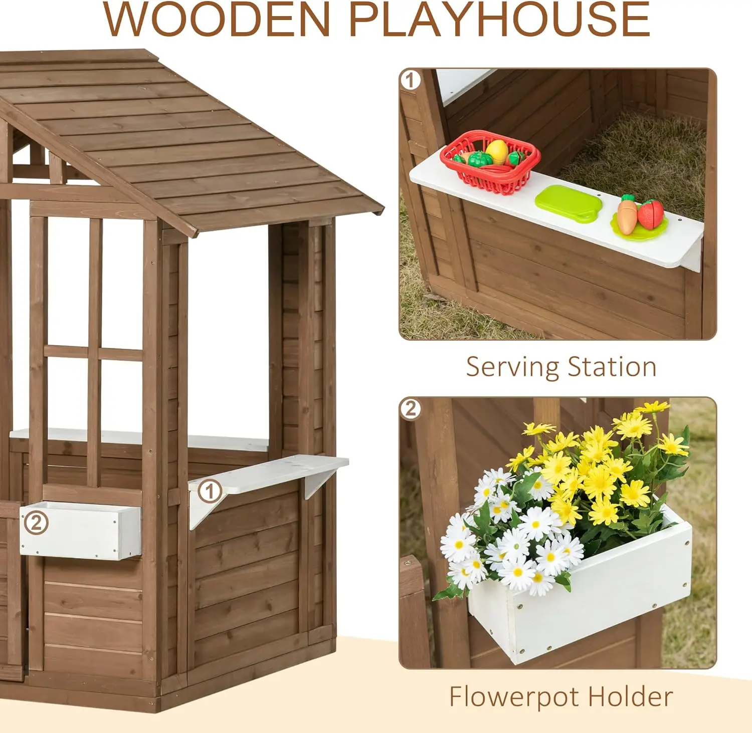Kids Wooden Playhouse Outdoor Garden Games Cottage Play House with Working Door, Windows, Flowers Pot Holder