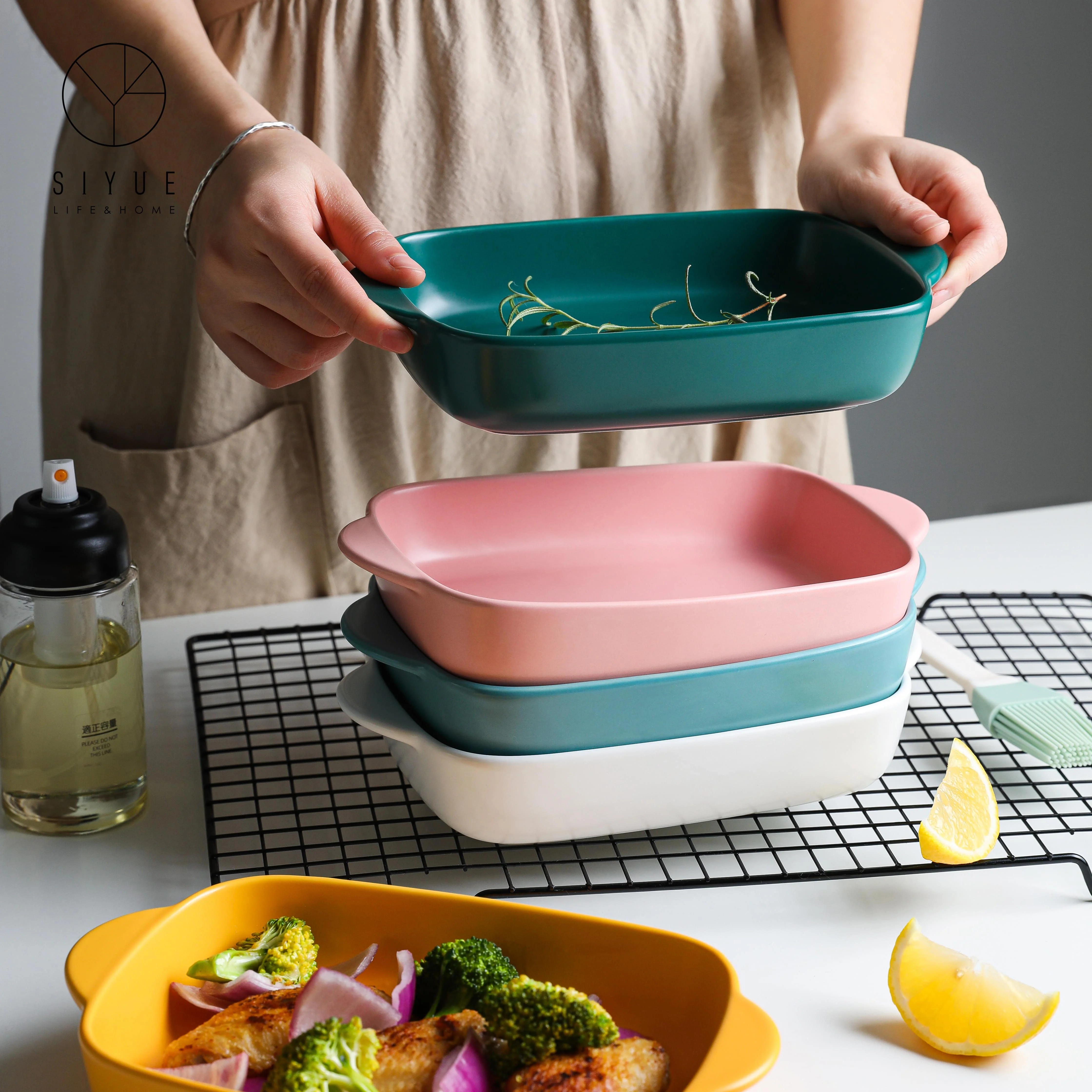 Nordic Handle Oven Porcelain Ceramic Bakeware Baking Plate Dishes & Pans Rectangle With Heat-Resistant For Cake Dinner 1436