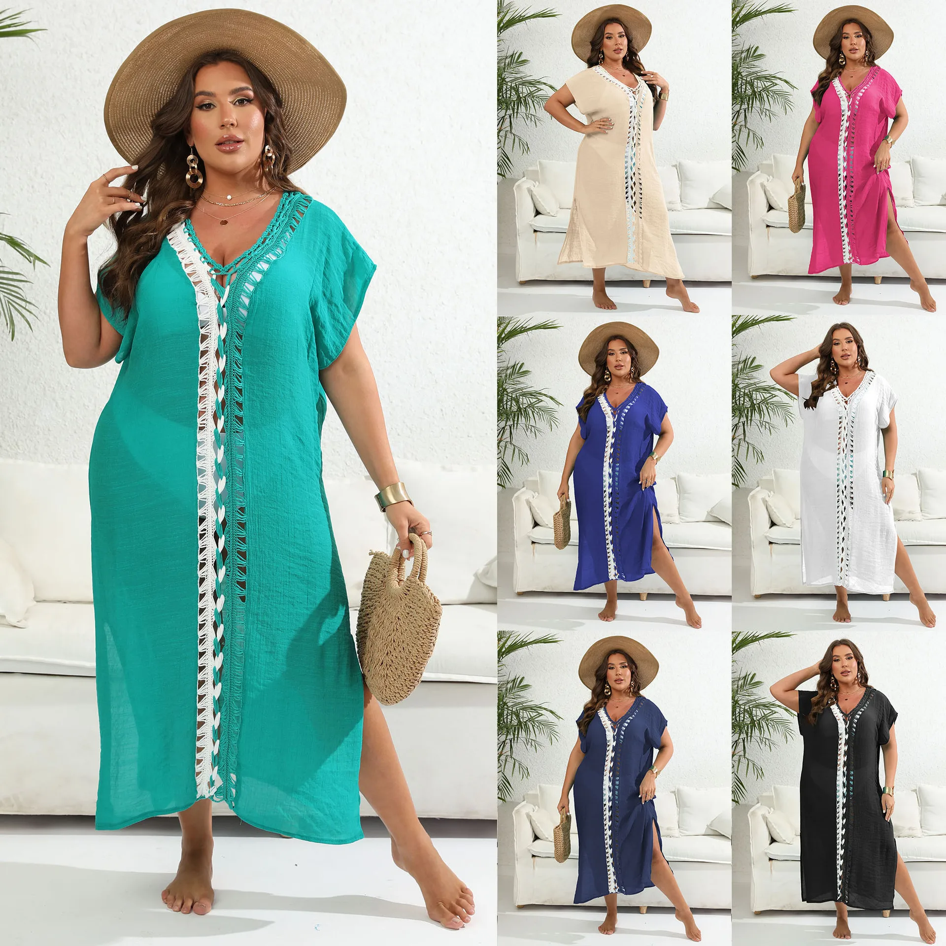 Large Beach Dress Cover Up Plus Size Crochet Beach Dresses for Women Swim Suit Vacation Color Contrast Patchwork Swimwear 2024