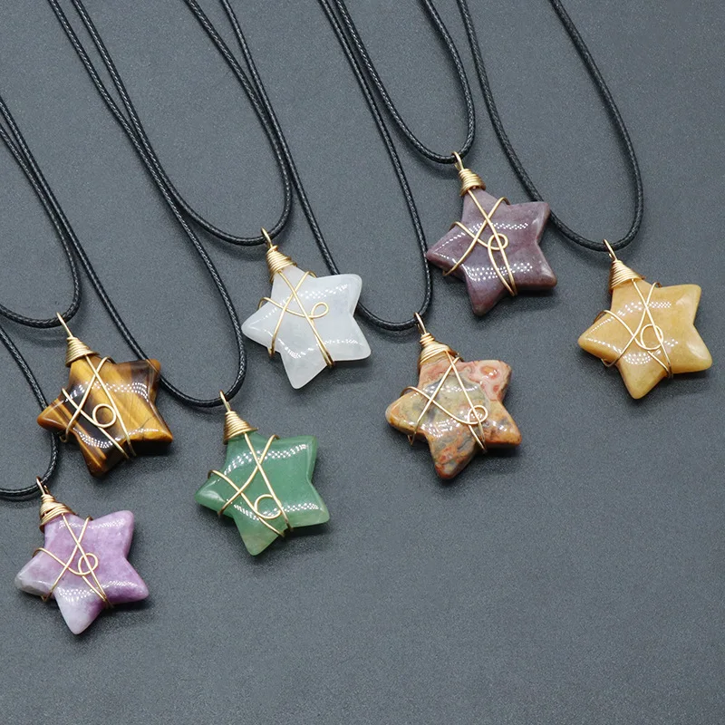 Bohemian style rock crystal stone 30mm five-pointed star tiger eye stone winding pendant DIY star pendant