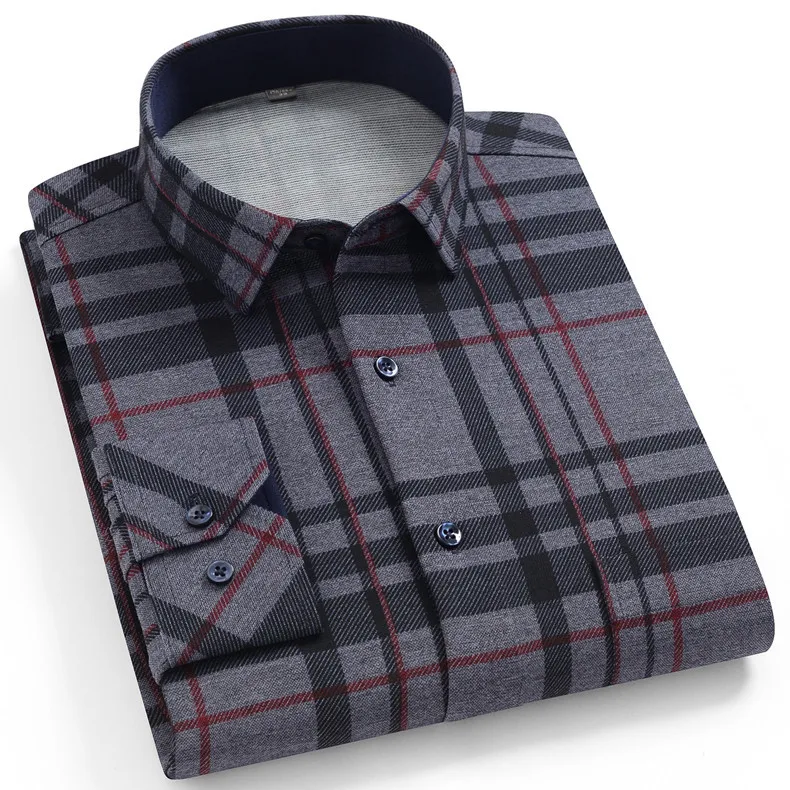 Check Slim Fit Cotton Business Casual Plus Size Long Sleeve Shirt For Men