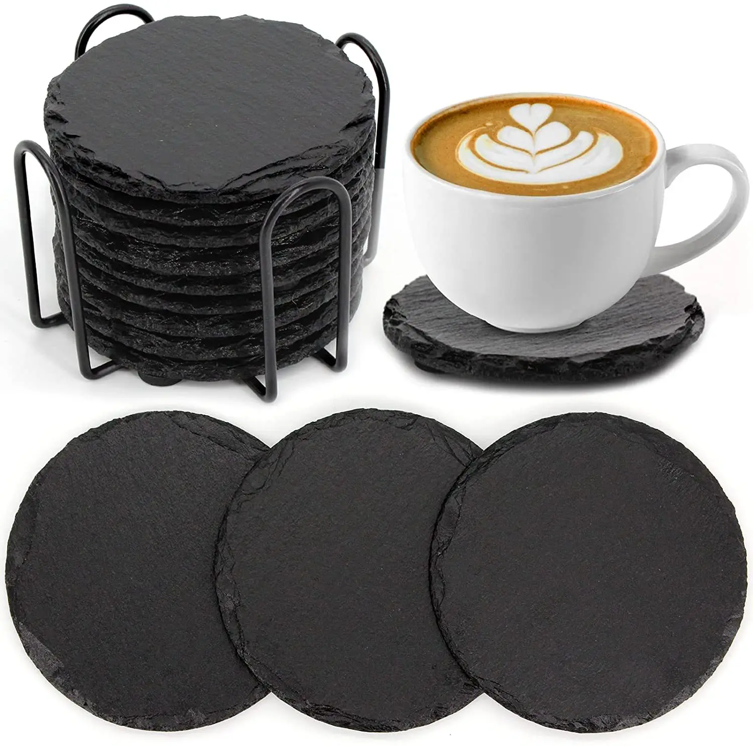 Besafe Custom logo Engraving Natural Stone Slate Cups Place Mats Drink Coasters with Metal Holder for Home kitchen Decor