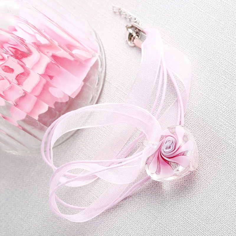 Handmade Murano Italy Millefiori Inspiration Flower Glass Heart Necklace Pendant Crafts Jewelry Lampwork Wholesale BHQ003