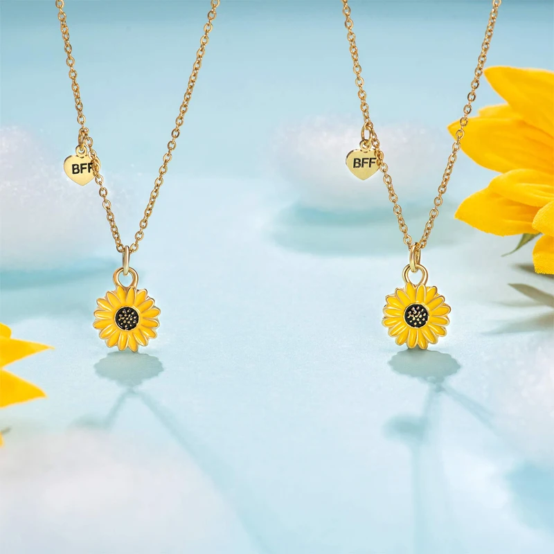 BFF Sunflower Necklace for 2 Best Friends Heart Pendant Gold Chain Necklace Friendship Jewelry