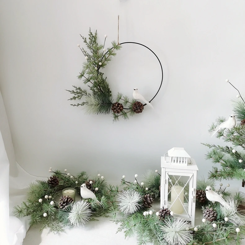 Artificial glitter green pine cone metal ring flower wreath circle with white bird Christmas decorative wreath