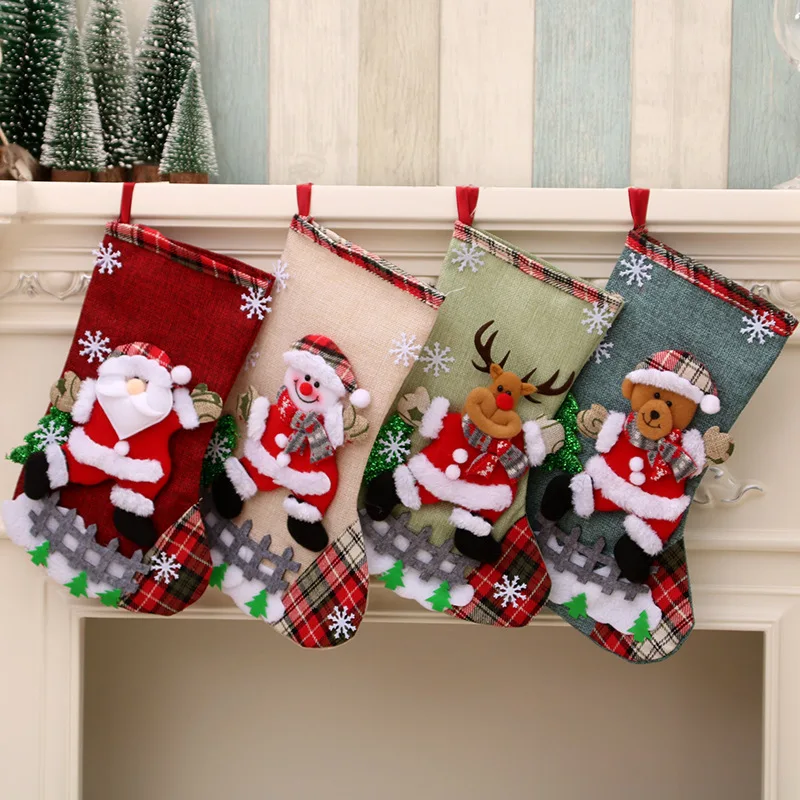 New Xmas Stocking Snowflake Santa Plaid Sequin Edge Christmas Tree Decor Gift Funny Craft Christmas Stocking