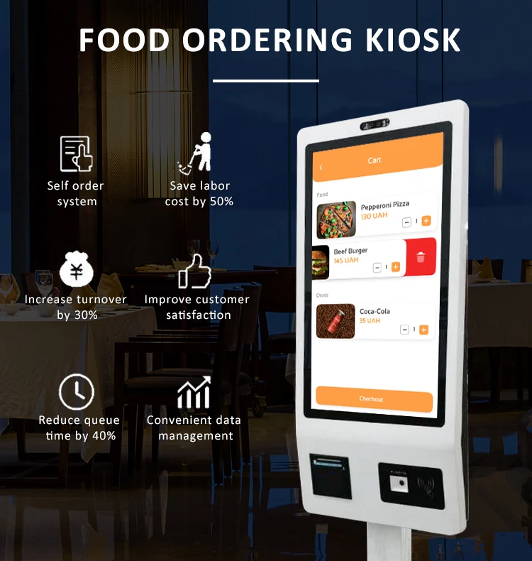 Floor standing 32 inch fast food self ordering kiosk automatic self service ordering kiosk in restaurant
