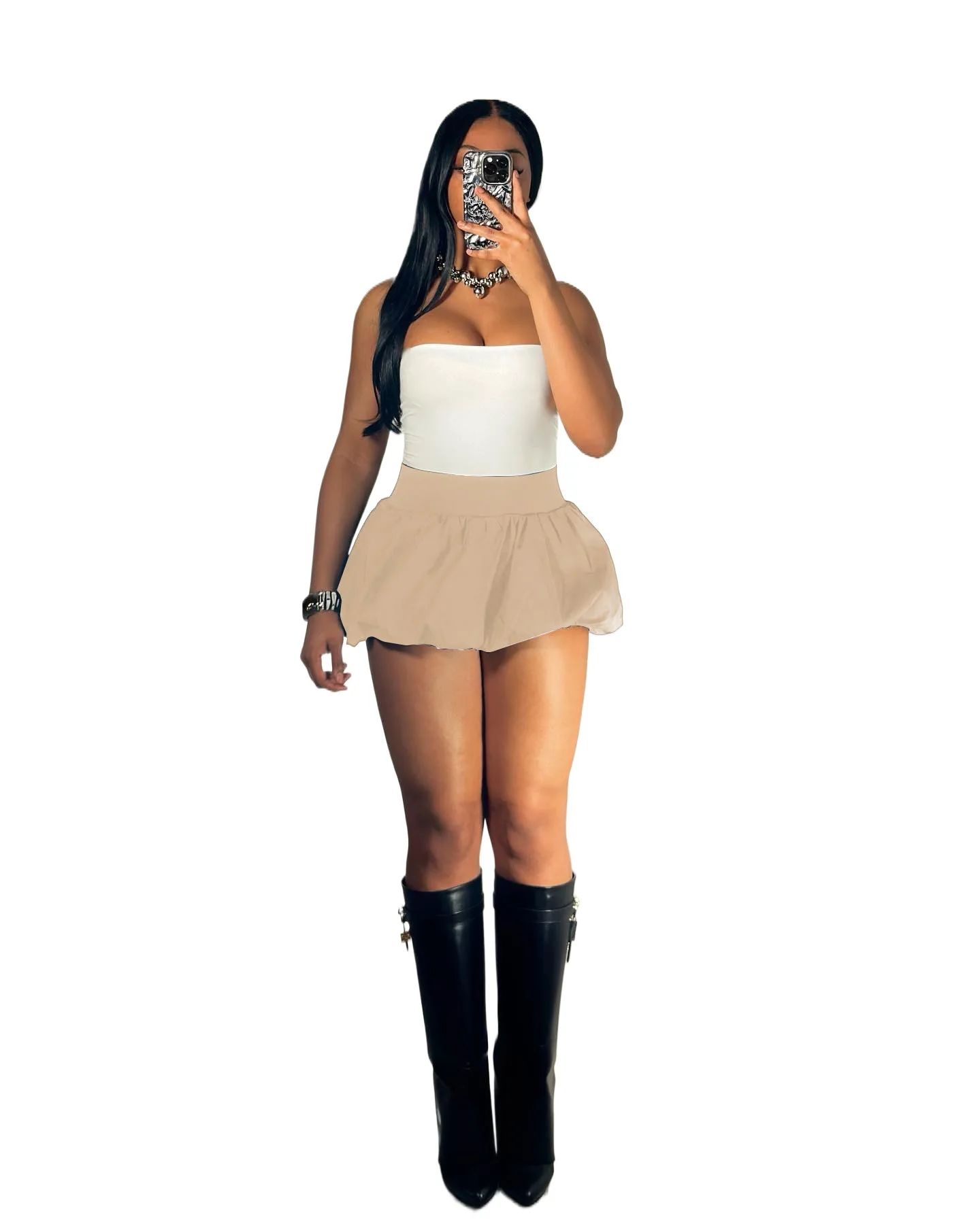 2024  New Bubble Skirt Solid Color Elastic Waist Ultra Short Mini Skirt set skirt and top