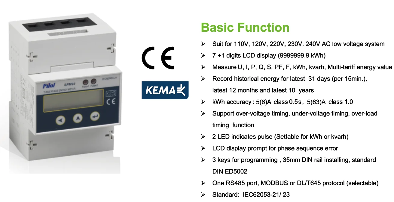 OEM/ODM Factory Sale PILOT SPM93  Din rail AC measuring kwh volt LCD display Monitor system Three phase channel energy meter