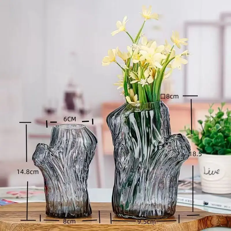Unique Nordic Luxury Wood Grain Cement Stand Transparent Clear Flower Vases Cylinder Table Glass Vase For Home Decor