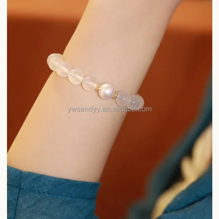 Wholesale women natural ice white agate bracelet lychee frozen horse ingredients jade pulp beads bracelet