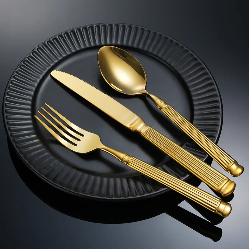 Stainless steel Roman column tableware forged gold-plated Western hotel steak knife and fork spoon light luxury dessert spoon