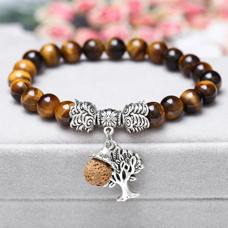 Charm Jewelry Natural Gemstone Tiger Eye Women Bracelets Bangle Tree of Life Reiki Healing Crystal Red Agate Beaded Bracelet