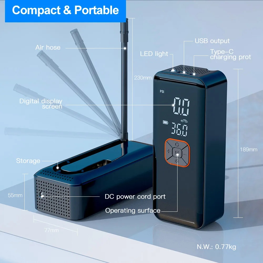 Compact Car Tire Inflator Quick Inflation Digital Gauge Multi Function With DC Function Cigarette Lighter Cord