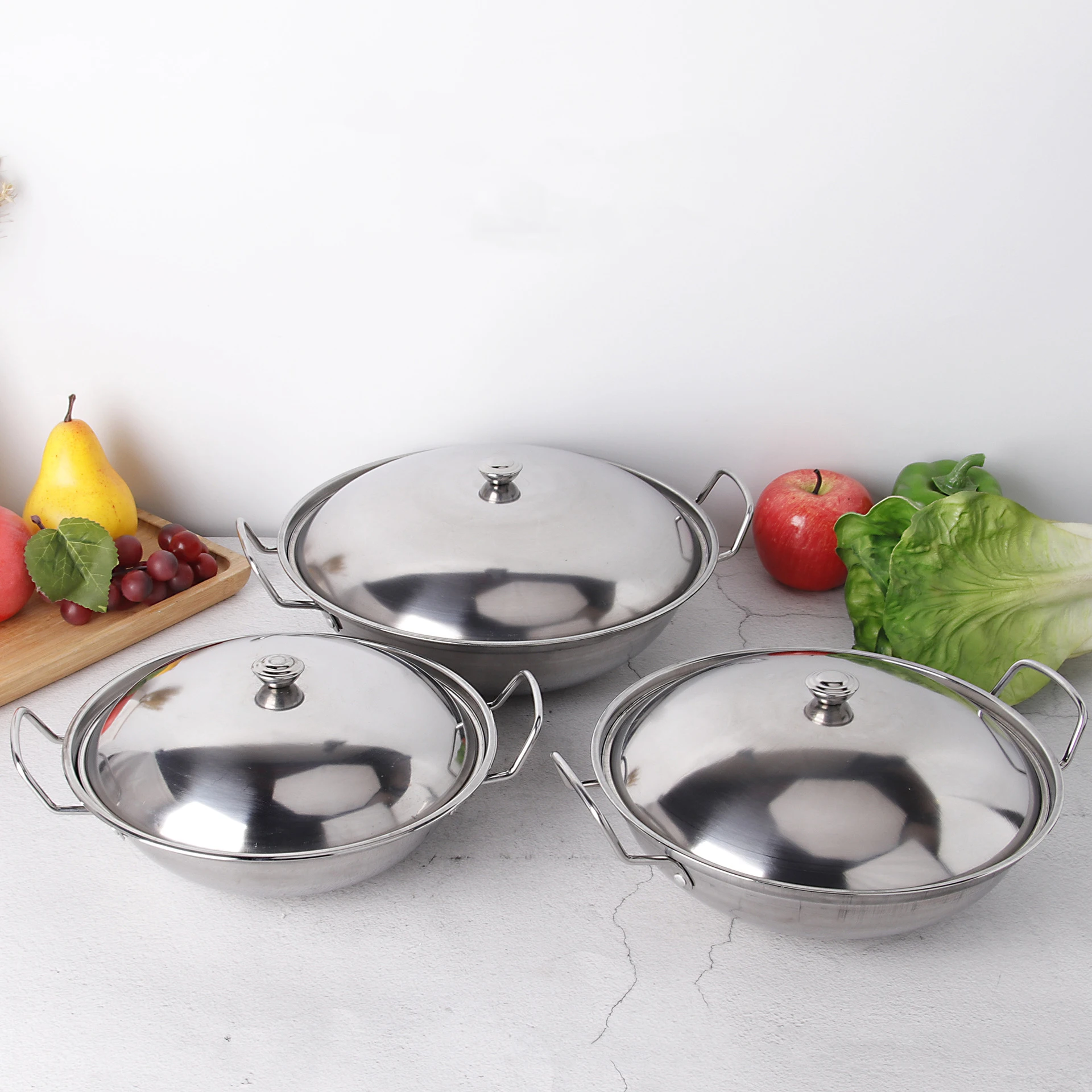 Chinese Hot Pot Set Stainless Steel Frying Pan With Lid Kitchen Cookware Double Handle Fry Pan