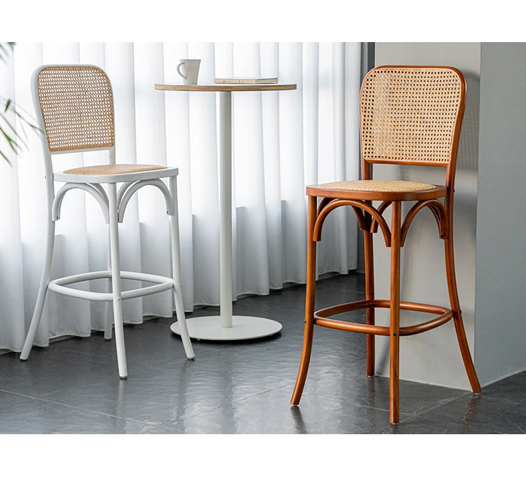 High quality vintage cane high chair for kitchen bar table Nordic solid wood rattan bar stools