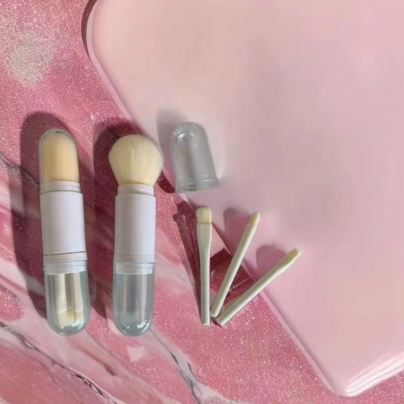 2023 New Custom Logo Portable 4 in 1 Retractable Powder Foundation Brush Mini Eye Eyeshadow Makeup Brush Set