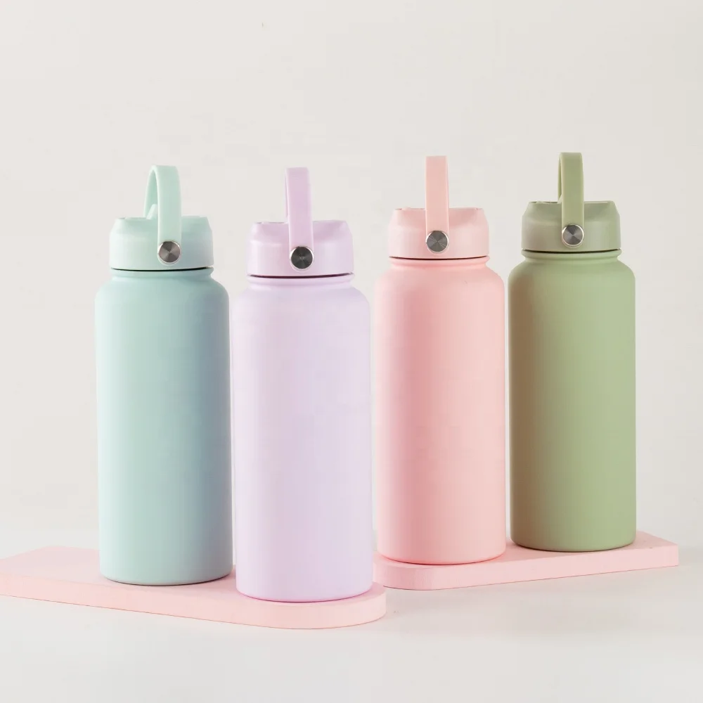 RTS Custom Cute 1000ML Gym Hot Rubber Paint Double Wall Insulated Glass Vacuum Metal Stainless Steel Wide Water Bottle