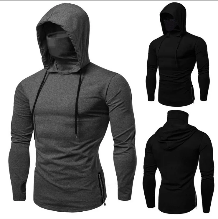 2021 Custom Hooded Long Sleeve Training Wear Sweatershirt, Mens Plain Ninja Pullover Face Cover Hoodies Sweatshirts