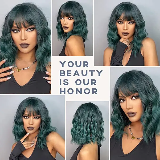 14 Inch Short Curly Mix Green Bob Wigs for Women Synthetic Wigs with Bangs ombre short curly  wig